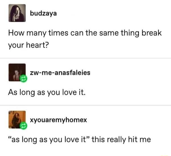 budzaya How many times can the same thing break your heart zw me anasfaleies As long as you love it xyouaremyhomex as long as you love it this really hit me