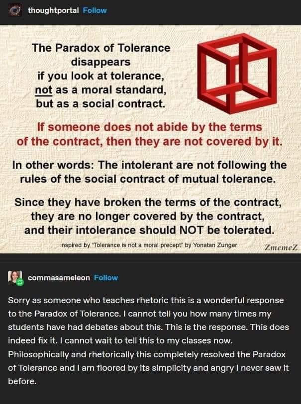 thoughtportal The Paradox of Tolerance T disappears if you look at tolerance not as a moral standard l but as a social contract If someone does not abide by the terms of the contract then they are not covered by it In other words The intolerant are not following the rules of the social contract of mutual tolerance Since they have broken the terms of the contract they are no longer covered by the c