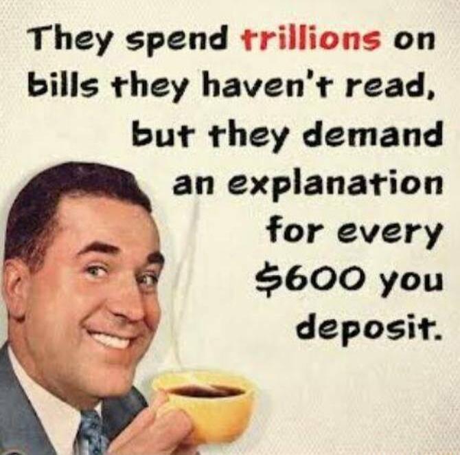 They spend trillions on bills they havent read but they demand an explanation P for every S8 600 you 28 deposit
