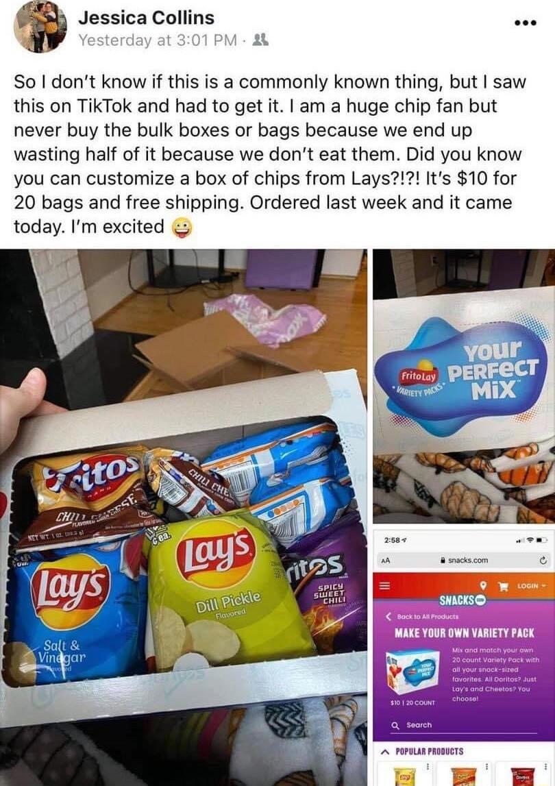 Jessica Collins So I dont know if this is a commonly known thing but saw this on TikTok and had to get it am a huge chip fan but never buy the bulk boxes or bags because we end up wasting half of it because we dont eat them Did you know you can customize a box of chips from Lays2 Its 10 for 20 bags and free shipping Ordered last week and it came today Im excited