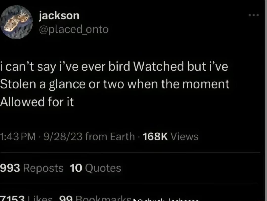 JEIEL placed onto i cant say ive ever bird Watched but ive Stolen a glance or two when the moment Allowed for it 143PM 92823 from Earth 168K Views 1 x FRENTS GO o Ol L TR e YRFR WO