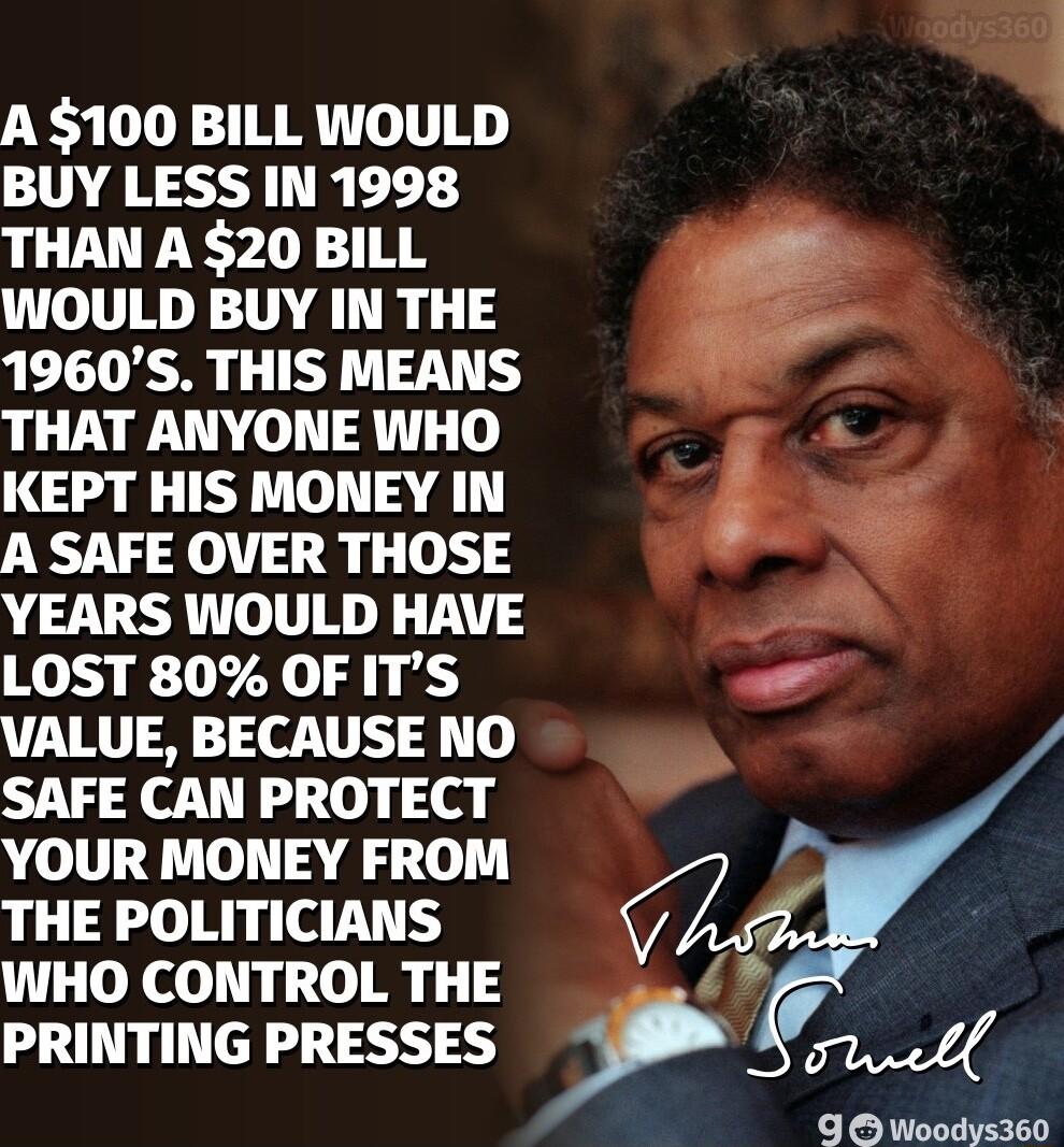 A 100 BILL WOULD DAY TRTTT THAN A 20 BILL WOULD BUY IN THE o 1960S THIS MEANS THAT ANYONE WHO KEPT HIS MONEY IN A SAFE OVER THOSE p YEARS WOULD HAVE LOST 80 OF ITS TR TS SAFE CAN PROTECT YOUR MONEY FROM THE POLITICIANS 5 WHO CONTROL THE PRINTING PRESSES W4 G Woodys360