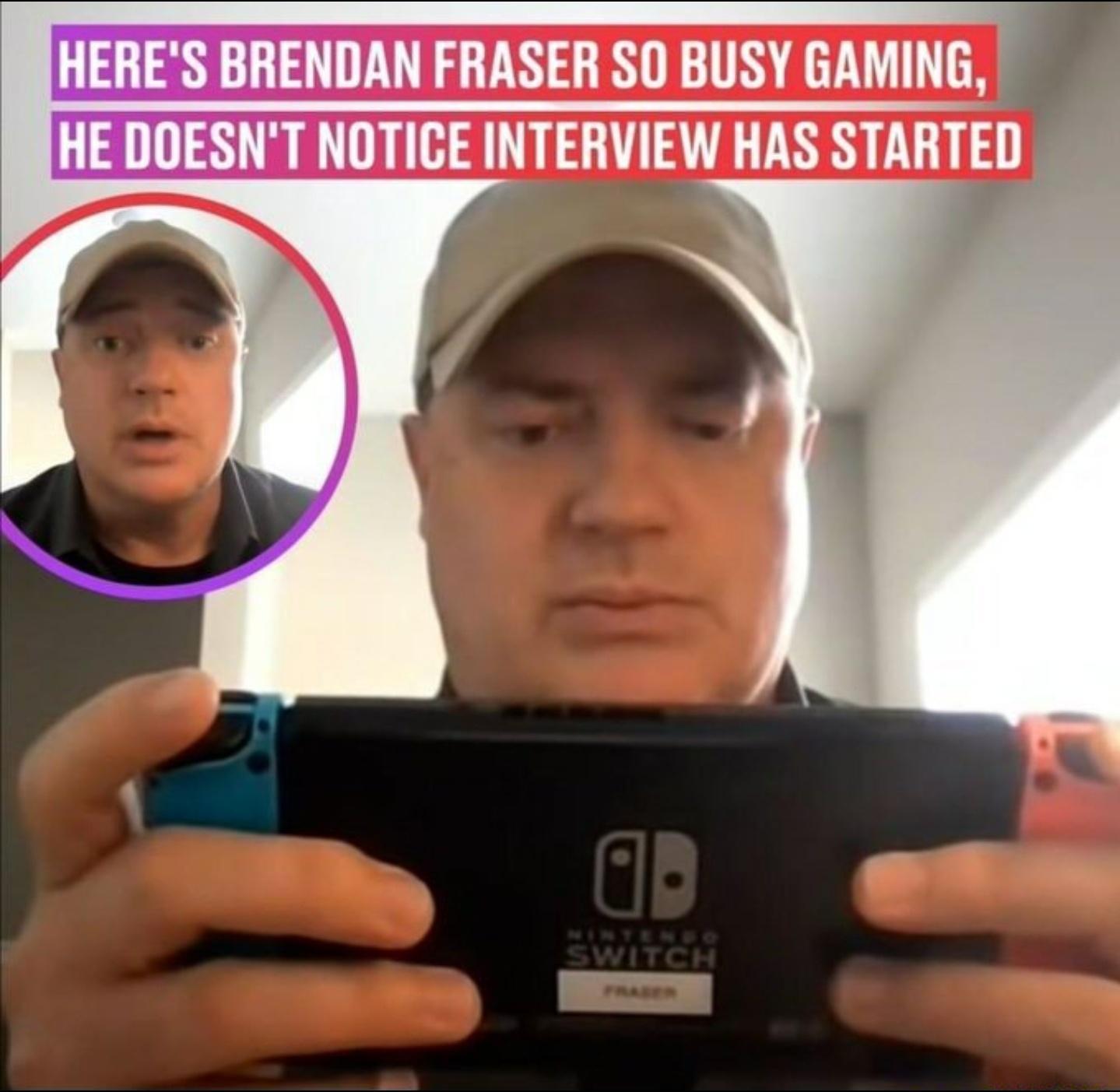 HERES BRENDAN FRASER S0 BUSY GAMING HE DOESNT NOTICE INTERVIEW HAS STARTED