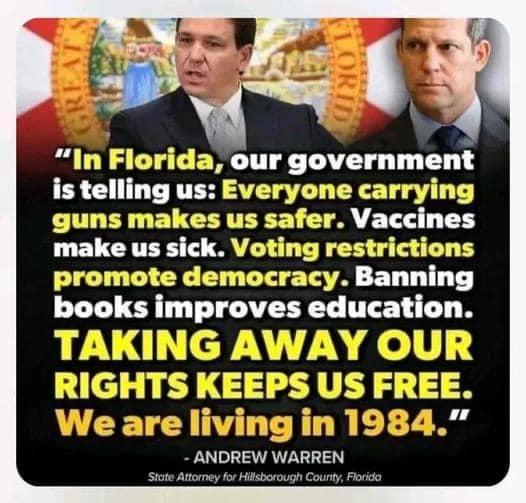 is telling us Everyone carrying guns makes us safer Vaccines make us sick Voting restrictions promote democracy Banning books improves education WAY OUR REW WARREN Stote Aty for Hitsborough CountyFirdo
