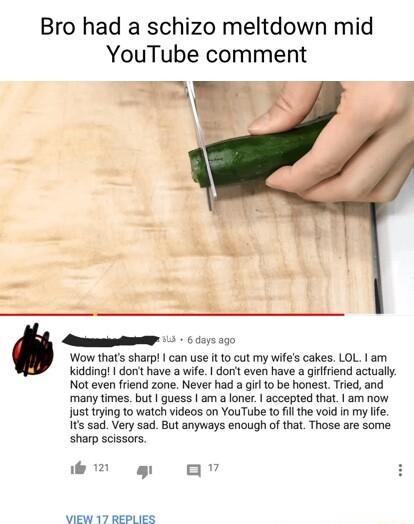 Bro had a schizo meltdown mid YouTube comment AR 03y5 790 Wow thats sharp can use it to cut my wifes cakes LOL am kidding don have a wife donit even have a girlfriend actually Not even friend zone Never had a girl to be honest Tried and many times but guess am a loner accepted that am now justtrying to watch videos on YouTube t fill the void in my ffe Its sad Very sad But anyways enough of that Th