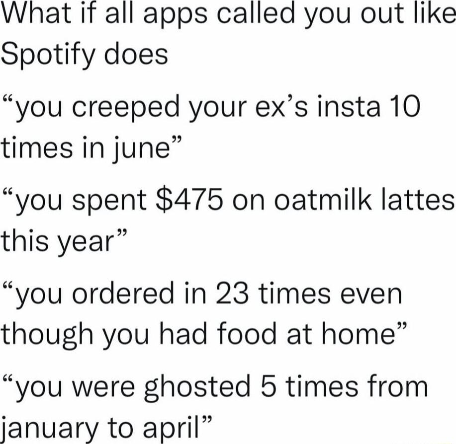 What if all apps called you out like Spotify does you creeped your exs insta 10 times in june you spent 475 on oatmilk lattes this year you ordered in 23 times even though you had food at home you were ghosted 5 times from january to april