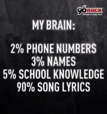 MY BRAIN: 2% PHONE NUMBERS 3% NAMES 5% SCHOOL KNOWLEDGE 90% SONG LYRICS