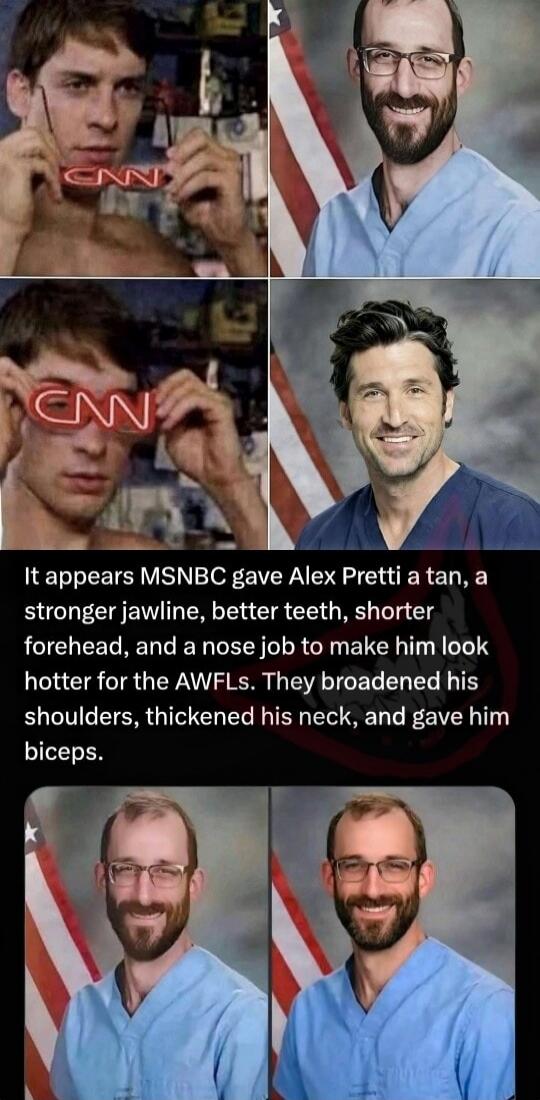 It appears MSNBC gave Alex Prettri a tan, a stronger jawline, better teeth, shorter forehead, and a nose job to make him look hotter for the AWFLs. They broadened his shoulders, thickened his neck, and gave him biceps.