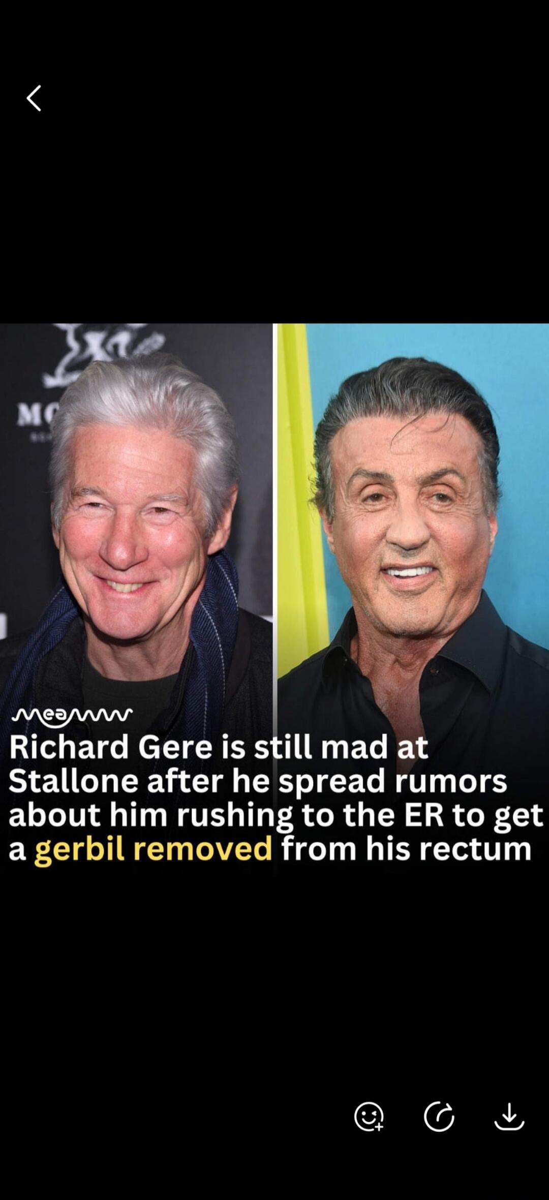 Richard Gere is still mad at Stallone after he spread rumors about him rushing to the ER to get a gerbil removed from his rectum