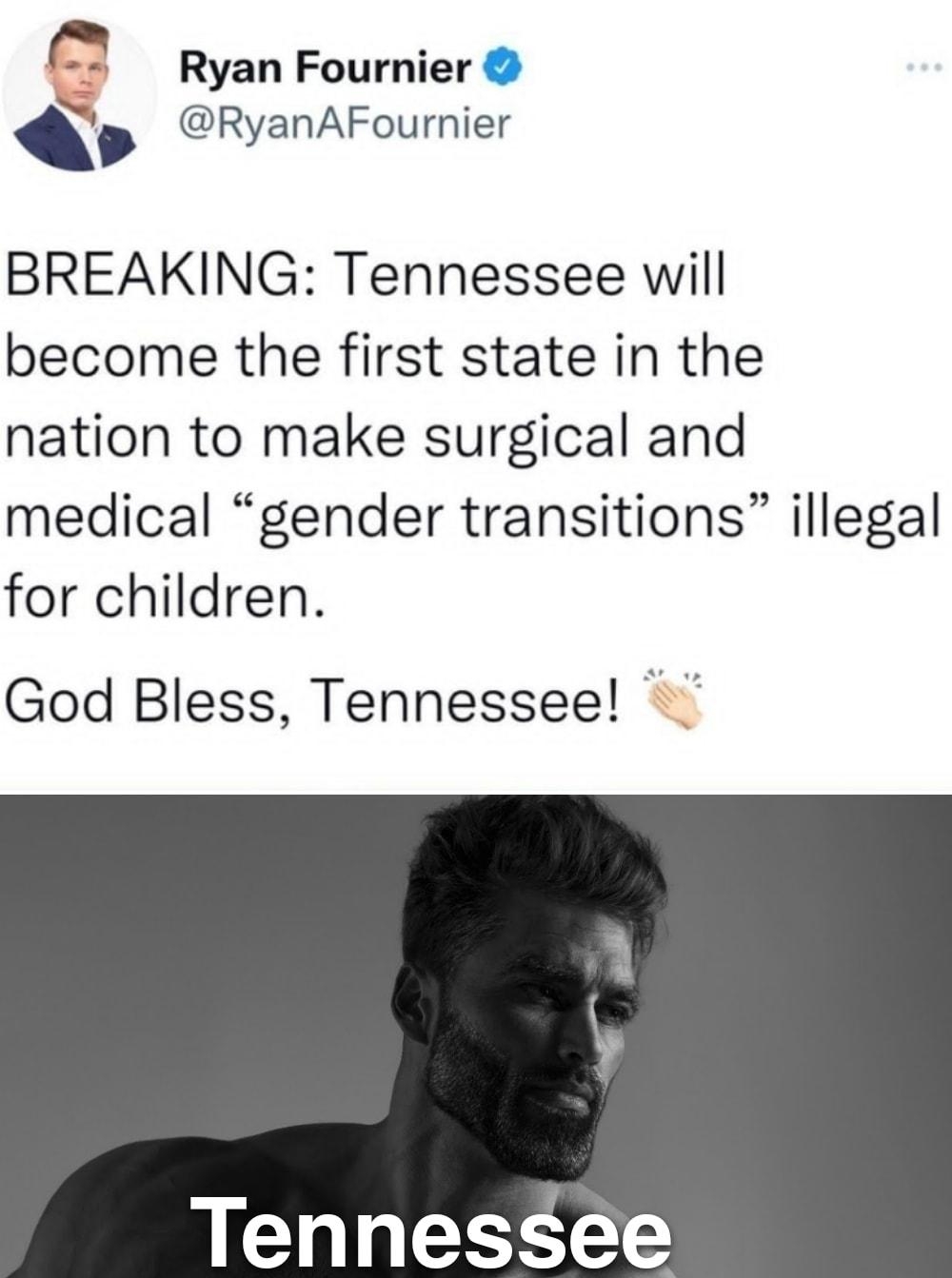 e Ryan Fournier RyanAFournier BREAKING Tennessee will become the first state in the nation to make surgical and medical gender transitions illegal for children God Bless Tennessee Tennessee