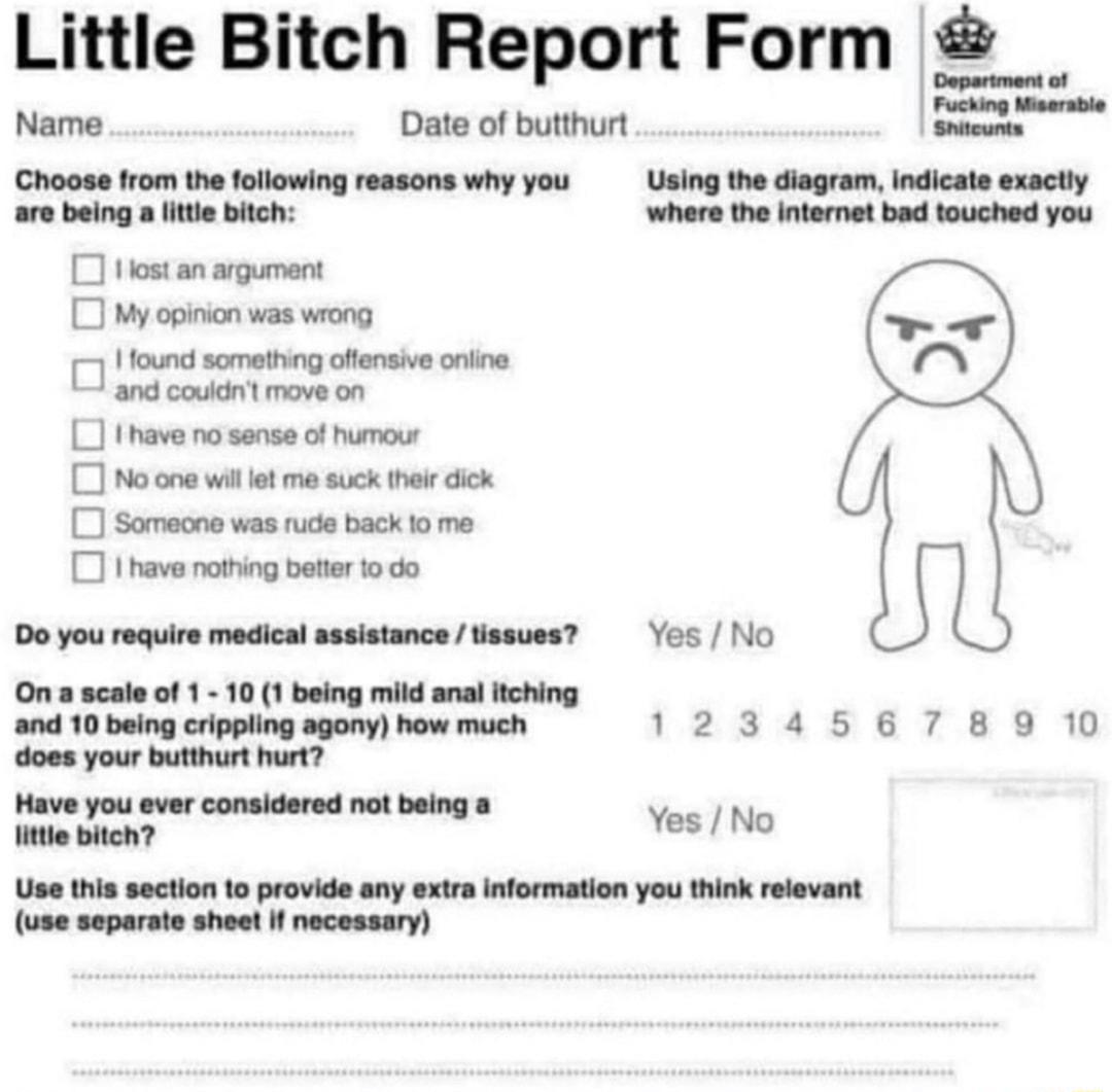 Little Bitch Report Form Name Date of butthurt Choose from the following reasons why you are being a little bitch lost an argument My opinion was wrong found something offensive online and couldnt move on I have no sense of humour No one will let me suck their dick Someone was rude back lo me have nothing better 1o do Do you require medical assistance tissues On a scale of 1 10 1 being mild anal i