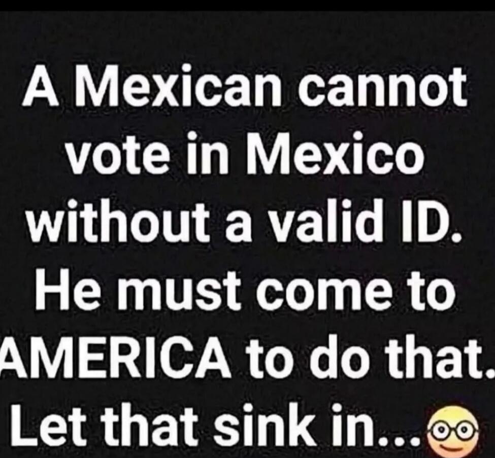 A Mexican cannot vote in Mexico without a valid ID. He must come to AMERICA to do that. Let that sink in...🤓