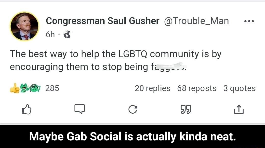 e Congressman Saul Gusher Trouble_Man 6h The best way to help the LGBTQ community is by encouraging them to stop being fc 5 L9 265 I Q c 9 Maybe Gab Social is actually kinda nea eplies 68reposts 3 quotes