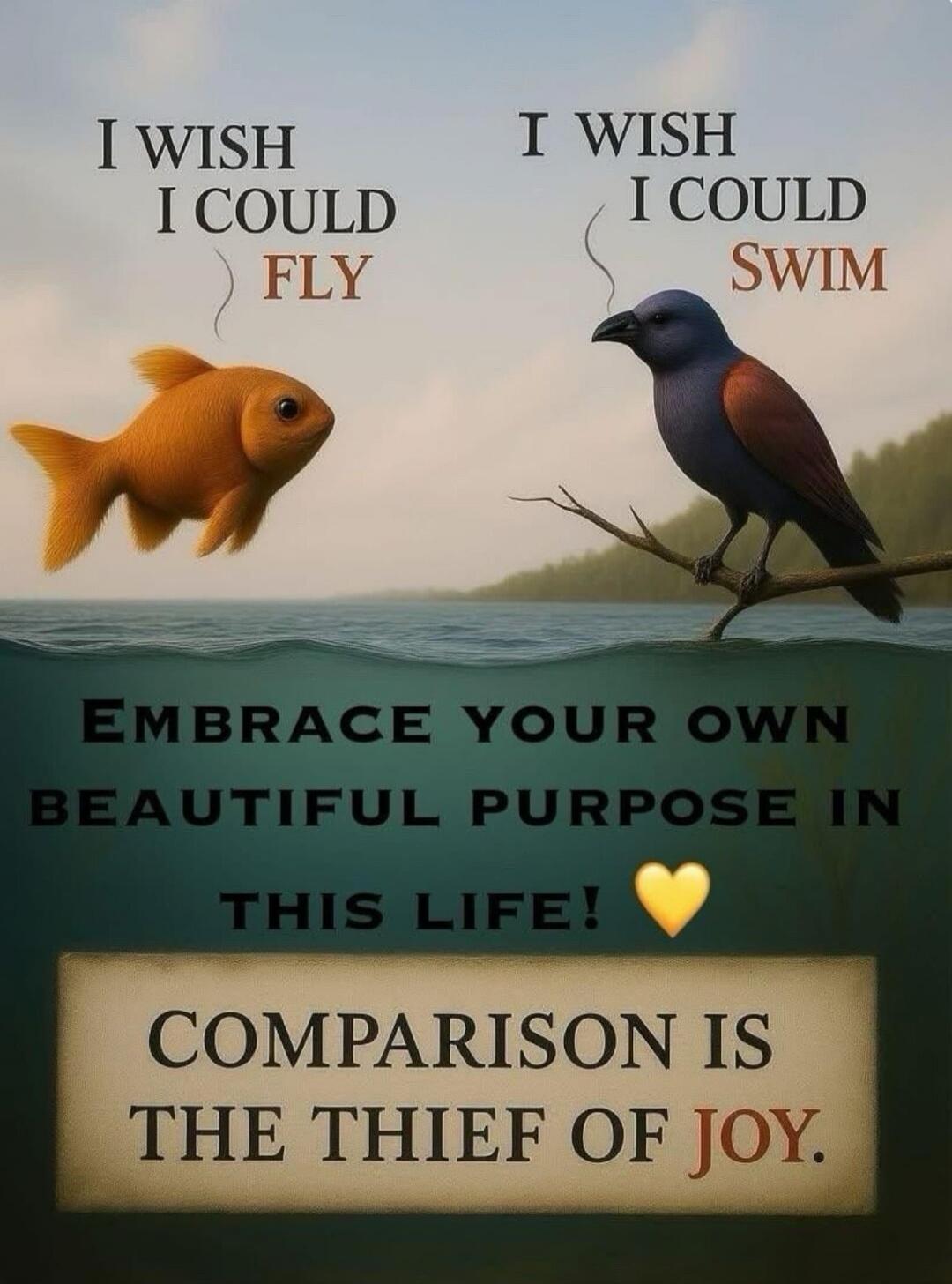 I WISH I COULD FLY  I WISH I COULD SWIM  EMBRACE YOUR OWN BEAUTIFUL PURPOSE IN THIS LIFE!  COMPARISON IS THE THIEF OF JOY.
