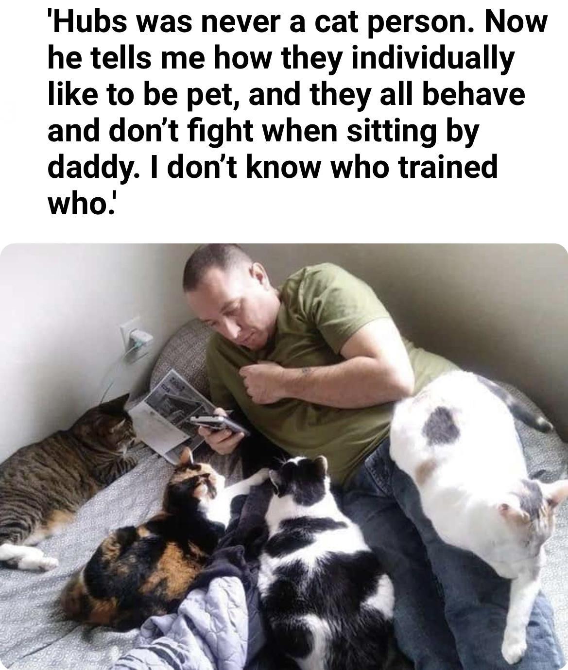 Hubs was never a cat person Now he tells me how they individually like to be pet and they all behave and dont fight when sitting by daddy dont know who trained who