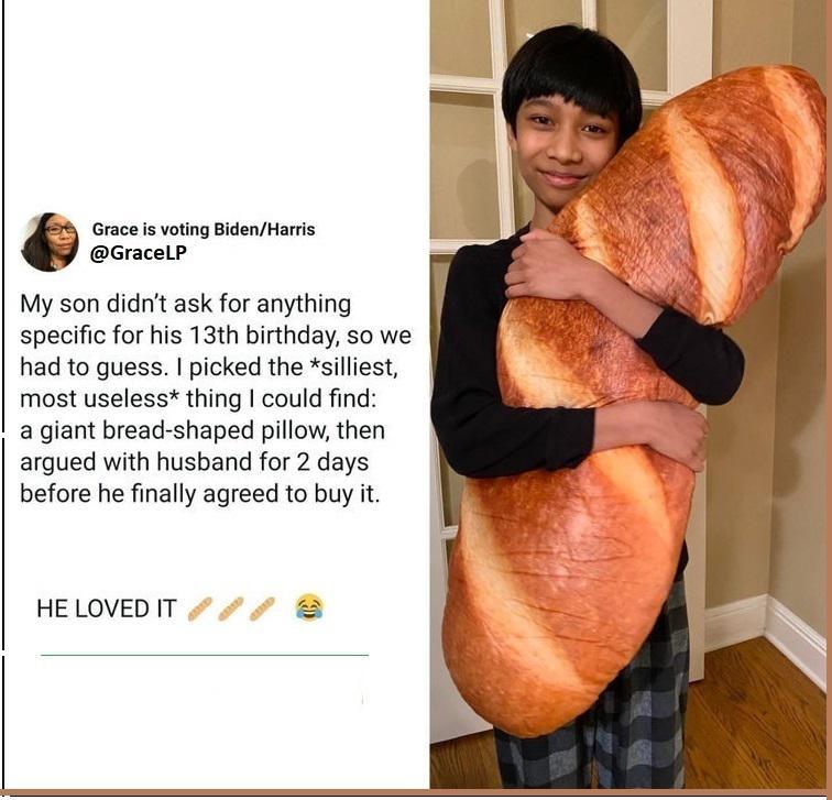 Grace s voting BdenHarris Gracelp My son didnt ask for anything specific for his 13th birthday so we had to guess picked the silliest most useless thing could find a giant bread shaped pillow then argued with husband for 2 days before he finally agreed to buy it HE LOVED IT e