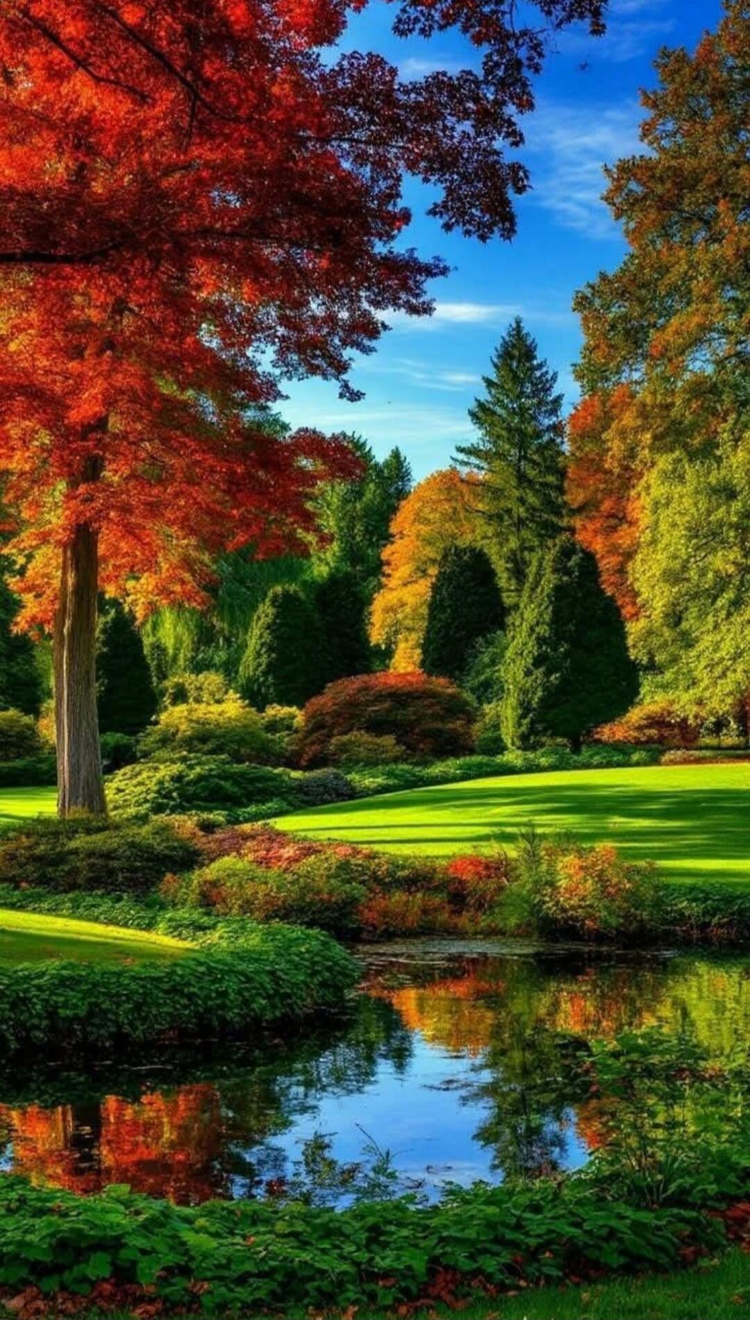 Autumn park scene with colorful foliage, neatly trimmed lawns, and a calm reflecting pond.