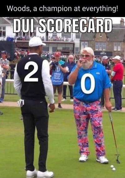 Woods, a champion at everything! DUI SCORECARD. A man with the number 2 on his back stands on a golf course, facing another man with a white beard, colorful pants, and the number 0 on his shirt, holding a cigar and a golf club.
