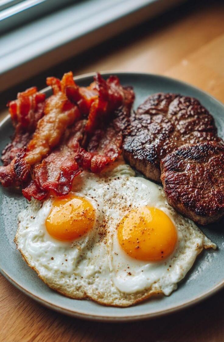 Plate with bacon, fried eggs, and steak.