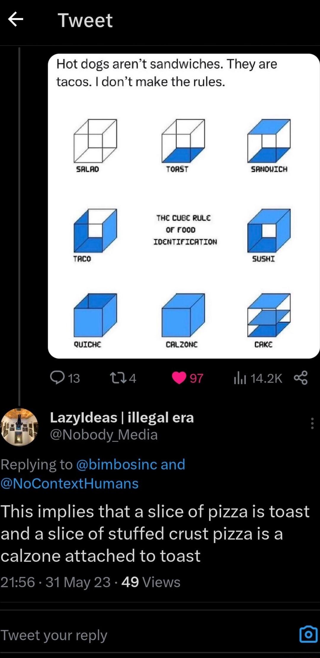 Tweet Hot dogs arent sandwiches They are tacos dont make the rules Y SALRD ToRsT SAOUICH THE CUBE RULE or rooo IOENTIFICATION Lazyldeas illegal era I This implies that a slice of pizza is toast and a slice of stuffed crust pizzais a calzone attached to toast 6 49