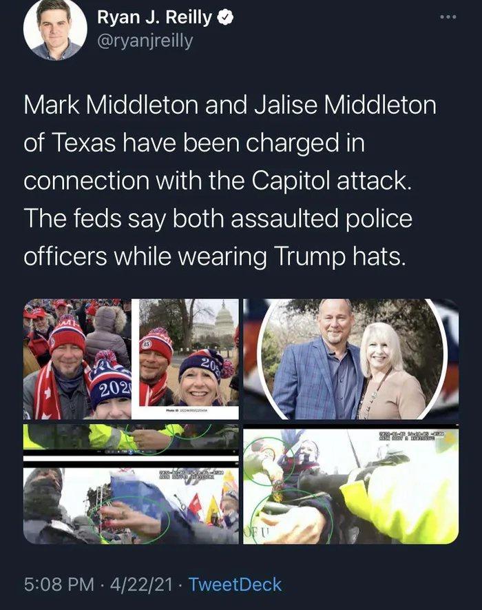SELINALET R 4 QIERIEN VElqViilele S telakeTale INEIETRYIfele Eitela of Texas have been charged in connection with the Capitol attack RN Cle SRS A olelig F18 Yo ool ef officers while wearing Trump hats 508 PM 42221 TweetDeck