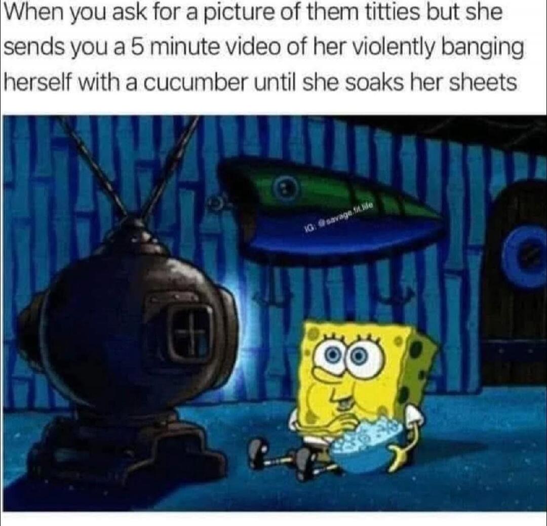 When you ask for a picture of them titties but she sends you a 5 minute video of her violently banging herself with a cucumber until she soaks her sheets