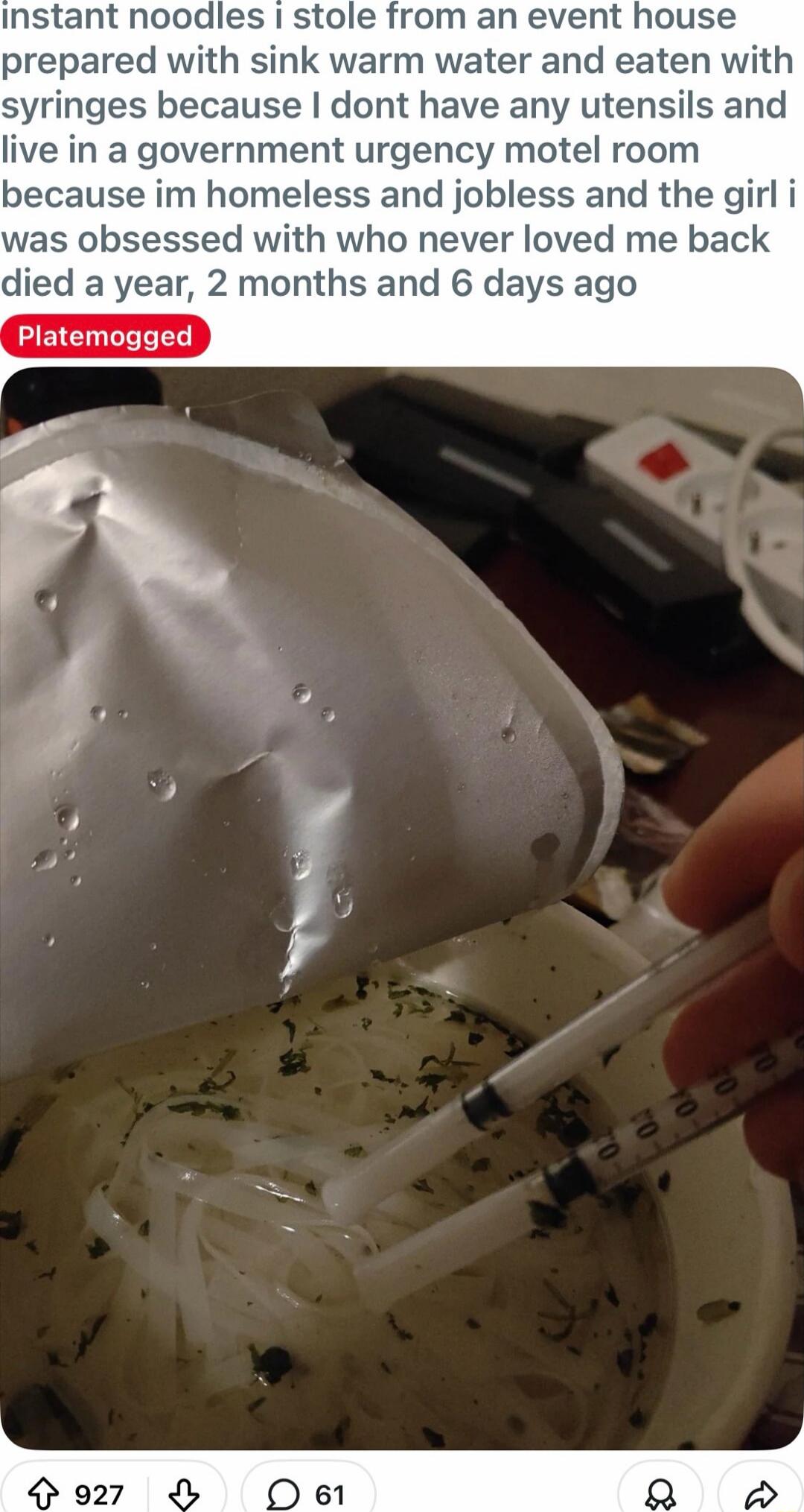 instant noodles i stole from an event house prepared with sink warm water and eaten with syringes because i dont have any utensils and live in a government urgency motel room because im homeless and jobless and the girl i was obsessed with who never loved me back died a year, 2 months and 6 days ago