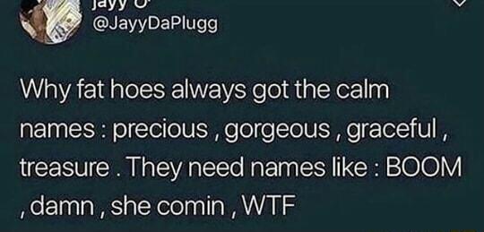 Why fat hoes always got the calm names precious gorgeous graceful UEERV T YA LT Mt E CII00 Y damn she comin WTF