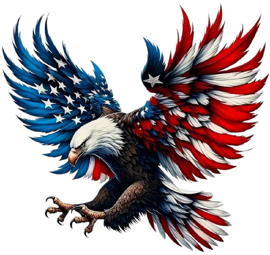 An illustration of a bald eagle with wings colored like the American flag.