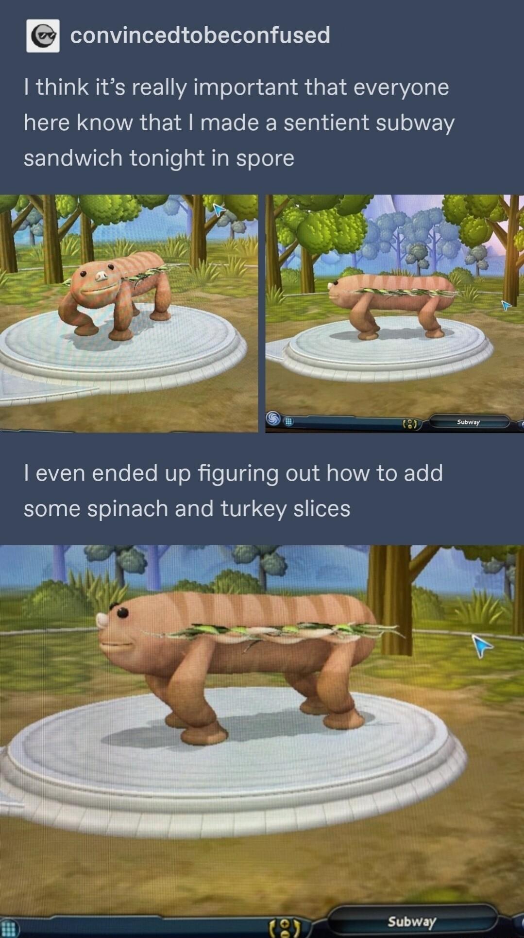 convincedtobeconfused think its really important that everyone here know that made a sentient subway sandwich tonight in spore REVET N e e RVT R ife Vl Te Ko 0y 8 s To WA ol Te e IR ST ET Ty le RV VS AR p i e Subway