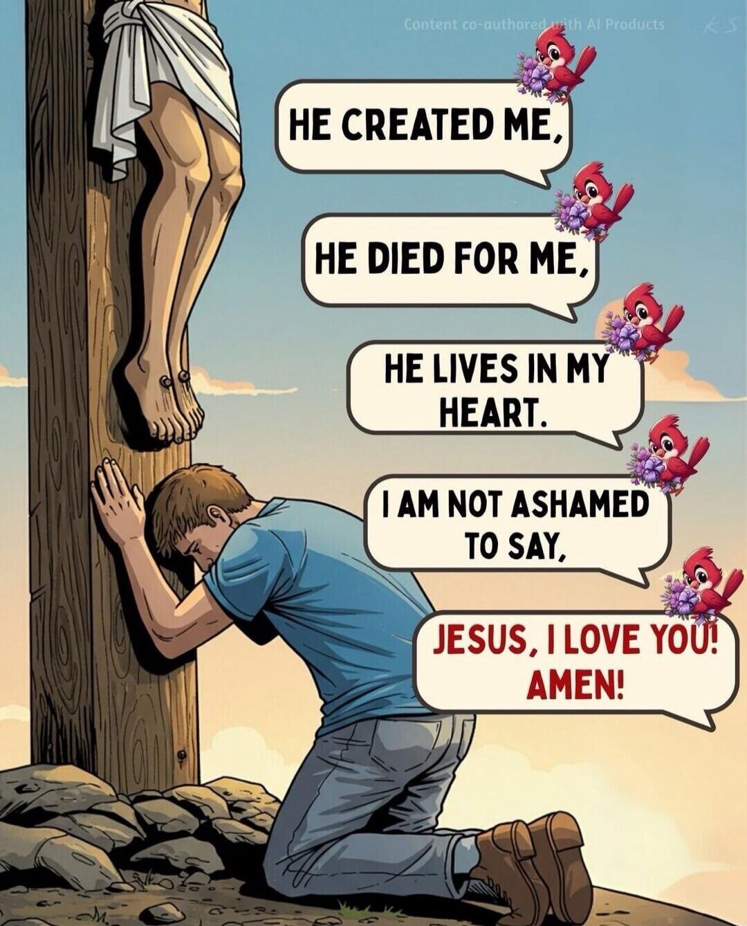 HE CREATED ME, HE DIED FOR ME, HE LIVES IN MY HEART. I AM NOT ASHAMED TO SAY, JESUS, I LOVE YOU! AMEN!