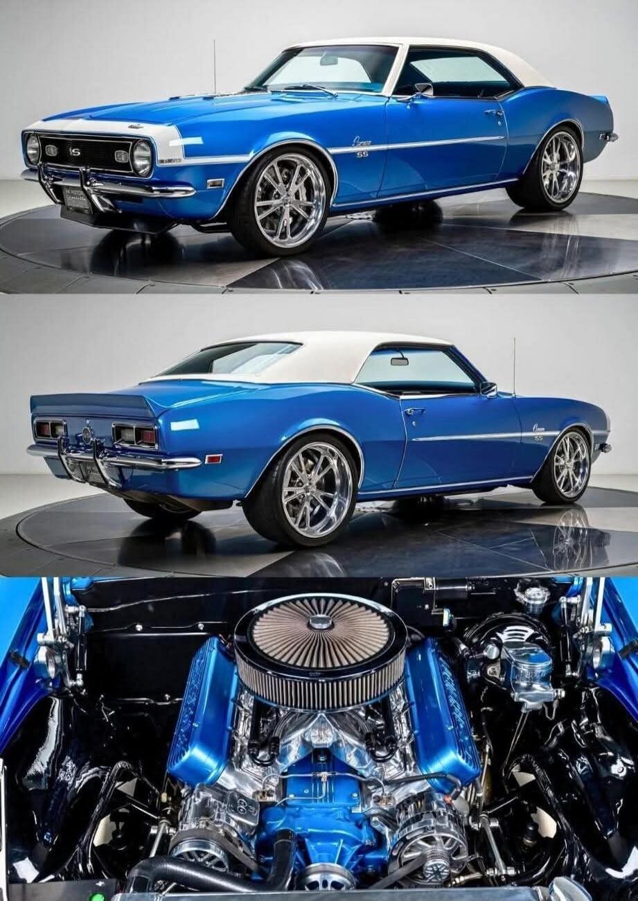 Blue vintage Chevrolet Camaro (1969) shown from multiple angles, highlighting the blue body, white top, and detailed engine.