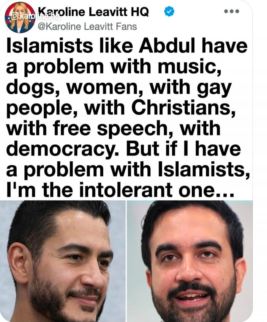 Karoline Leavitt HQ @Karoline Leavitt Fans Islamists like Abdul have a problem with music, dogs, women, with gay people, with Christians, with free speech, with democracy. But if I have a problem with Islamists, I'm the intolerant one...