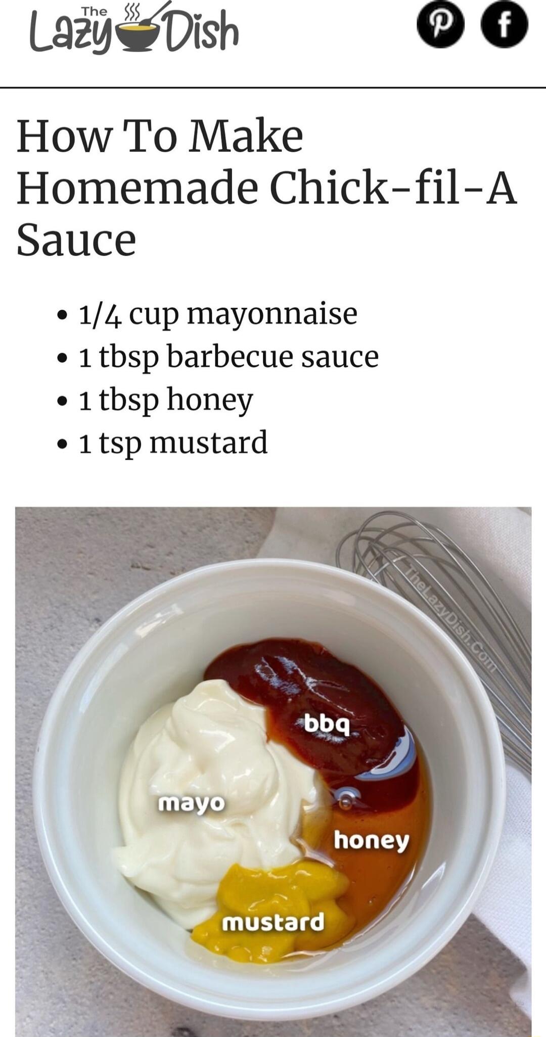 Lz Dish QO How To Make Homemade Chick fil A Sauce 14 cup mayonnaise 1tbsp barbecue sauce 1tbsp honey 1tsp mustard mustard