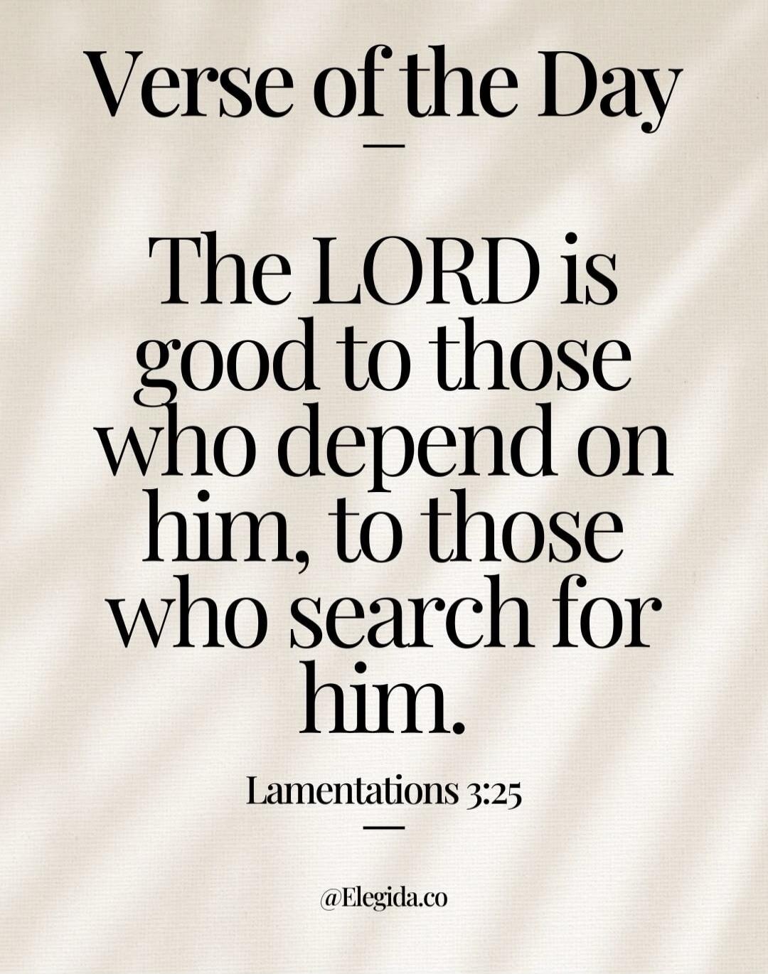 Verse of the Day. The LORD is good to those who depend on him, to those who search for him. Lamentations 3:25. @Elegida.co