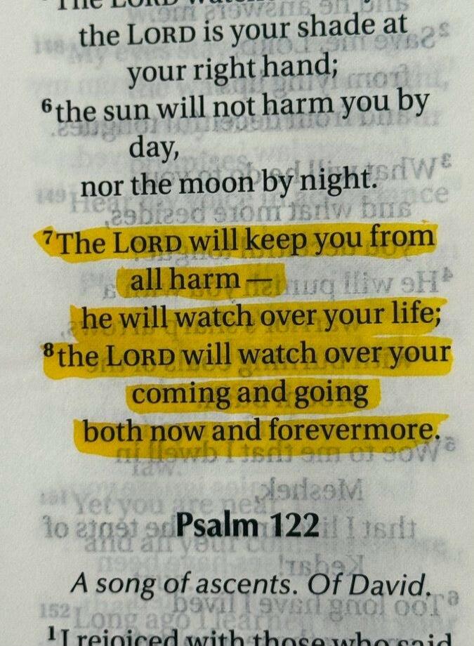 The LORD is your shade at your right hand; the sun will not harm you by day, nor the moon by night. The LORD will keep you from all harm— he will watch over your life; the LORD will watch over your coming and going both now and forevermore.