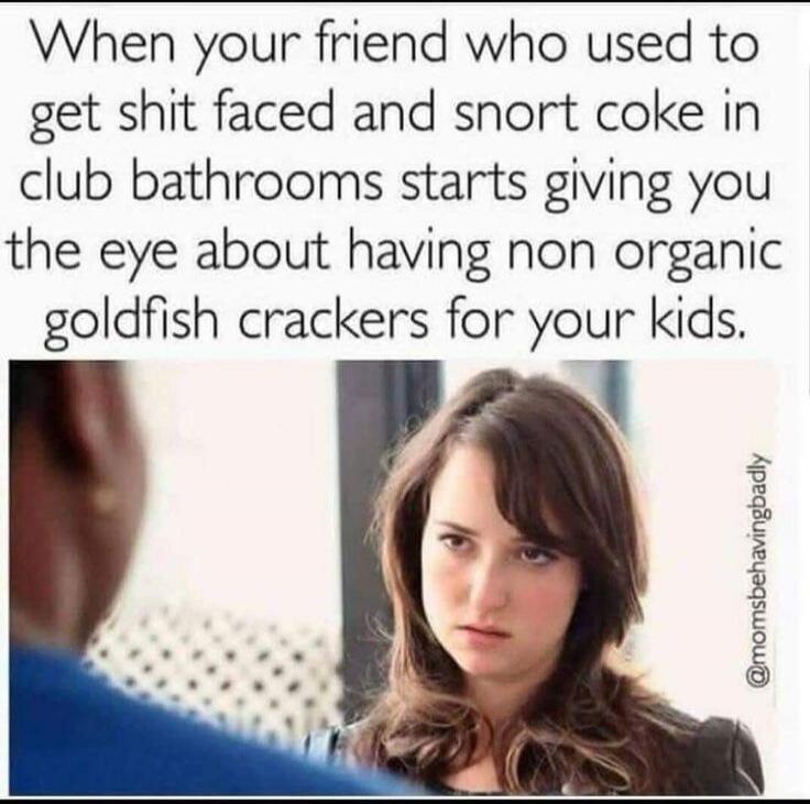 When your friend who used to get shit faced and snort coke in club bathrooms starts giving you the eye about having non organic goldfish crackers for your kids.