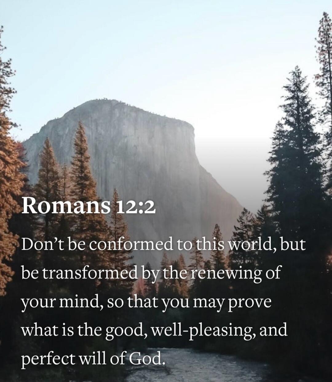 Romans 12:2
Don't be conformed to this world, but be transformed by the renewing of your mind, so that you may prove what is the good, well-pleasing, and perfect will of God.