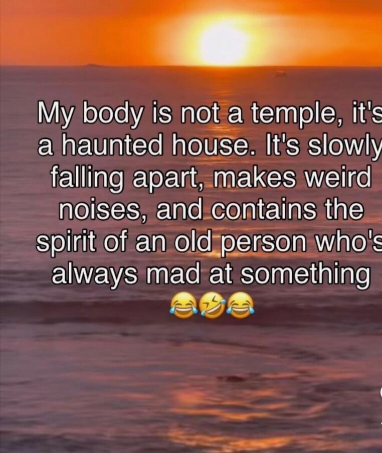 My body is not a temple, it's a haunted house. It's slowly falling apart, makes weird noises, and contains the spirit of an old person who's always mad at something 😂🤣😂