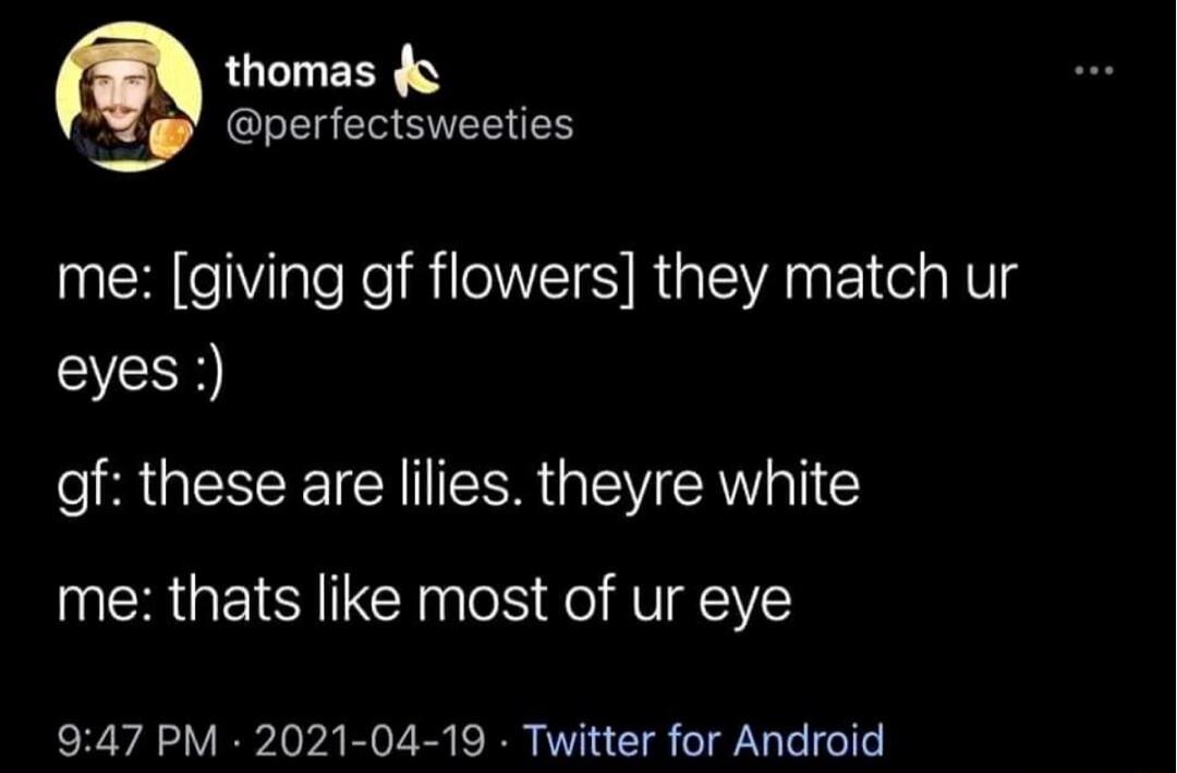 thomas perfectsweeties me giving gf flowers they match ur eyes of these are lilies theyre white me thats like most of ur eye 947 PM 2021 04 19 Twitter for Android