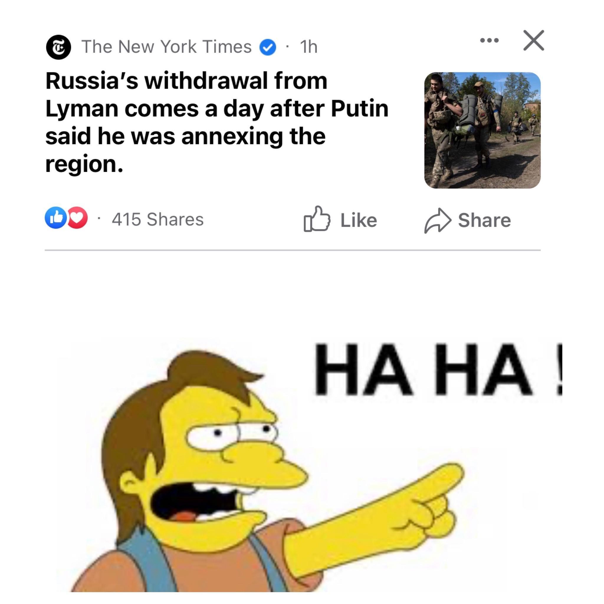 The N Russias withdrawal from Lyman comes a day after Putin said he was annexing the region O 415 Shares o Like 2 share w York Times Th HA HA