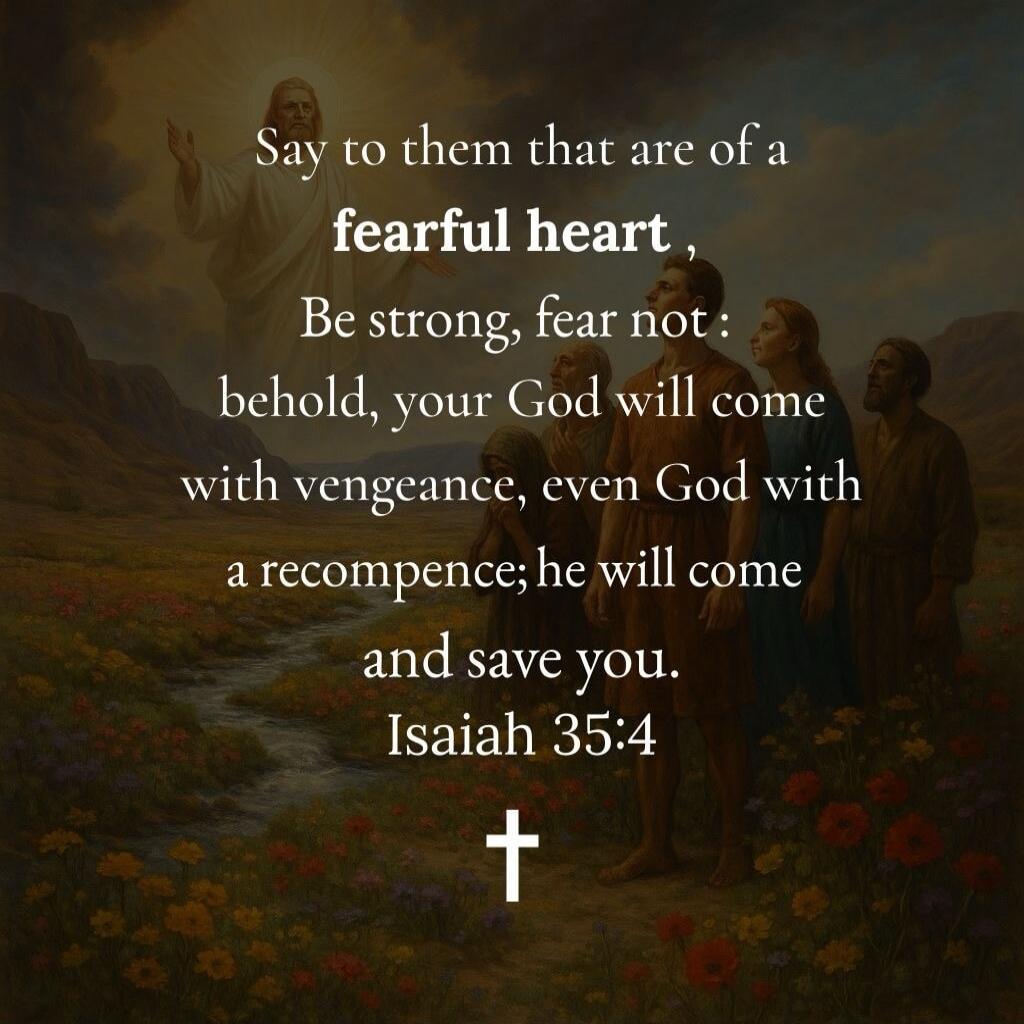 Say to them that are of a fearful heart, Be strong, fear not: behold, your God will come with vengeance, even God with a recompense: he will come and save you. Isaiah 35:4