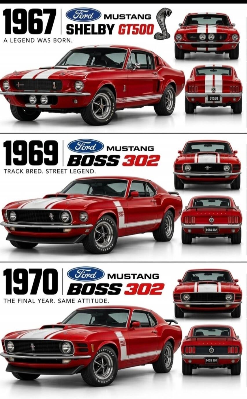 1967 Ford Mustang Shelby GT500. A legend was born. 1969 Ford Mustang Boss 302. Track bred. Street legend. 1970 Ford Mustang Boss 302. The final year. Same attitude.