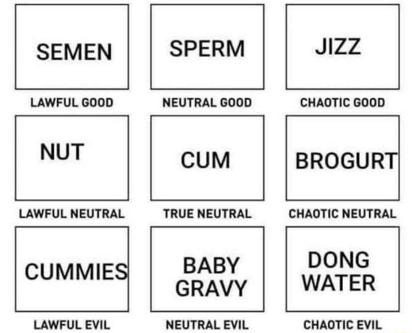 SEMEN SPERM Jizz LAWFUL GOOD NEUTRAL GOOD CHAOTIC GOOD NUT cum BROGURT LAWFUL NEUTRAL TRUE NEUTRAL CHAOTIC NEUTRAL BABY DONG CUMMIES GRAVY WATER LAWFUL EVIL NEUTRAL EVIL CHAOTIC EVIL