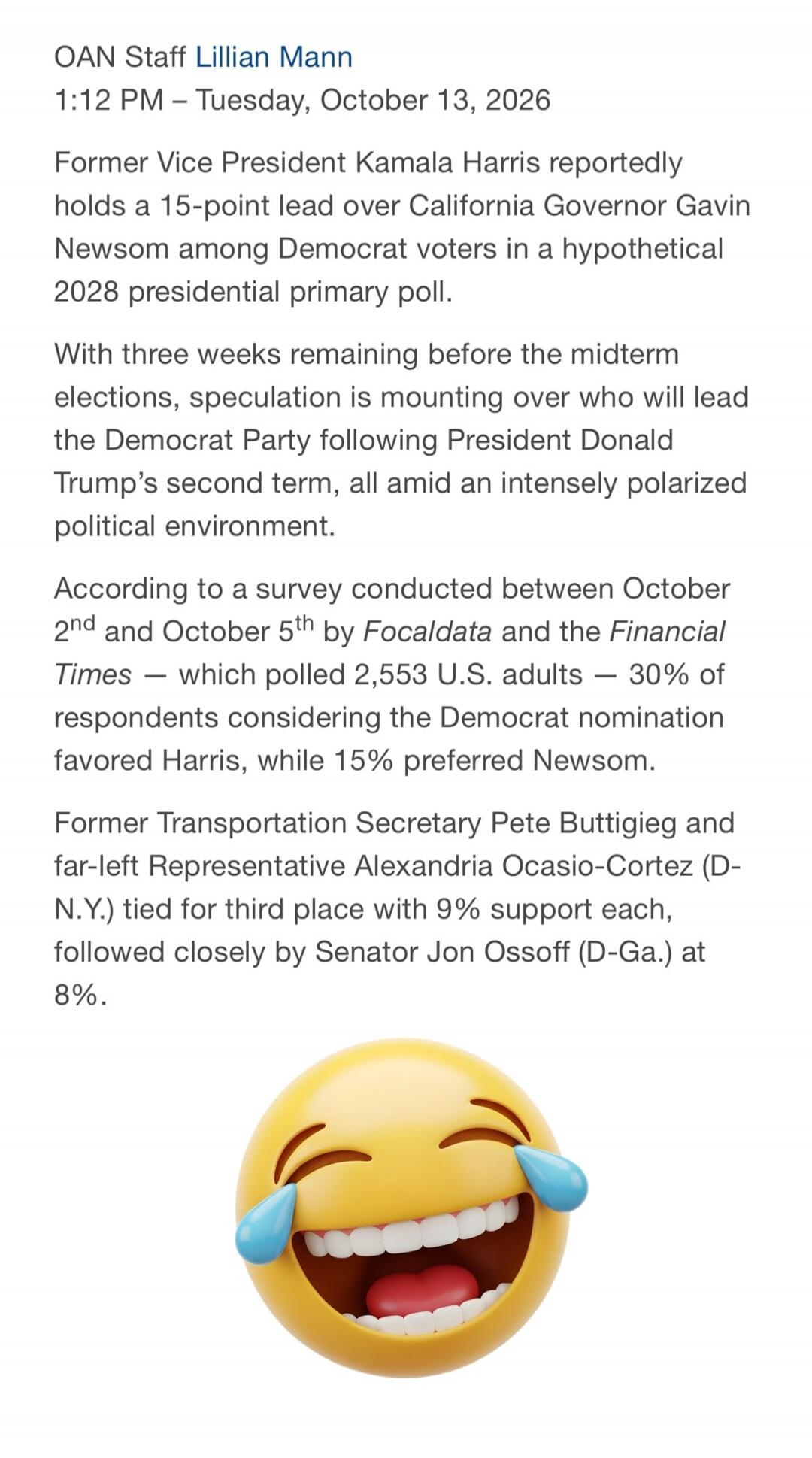 OAN Staff Lillian Mann
1:12 PM - Tuesday, October 13, 2026

Former Vice President Kamala Harris reportedly holds a 15-point lead over California Governor Gavin Newsom among Democrat voters in a hypothetical 2028 presidential primary poll.

With three weeks remaining before the midterm elections, speculation is mounting over who will lead the Democr