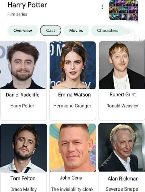 Harry Potter Overview Movies eries Daniel Radcliffe Emma Watson Rupert Grint Harry Potter Hermione Granger Ronald Weasley 7 Tom Felton John Cena Alan Rickman Draco Malfoy The invisiblility cloak Severus Snape