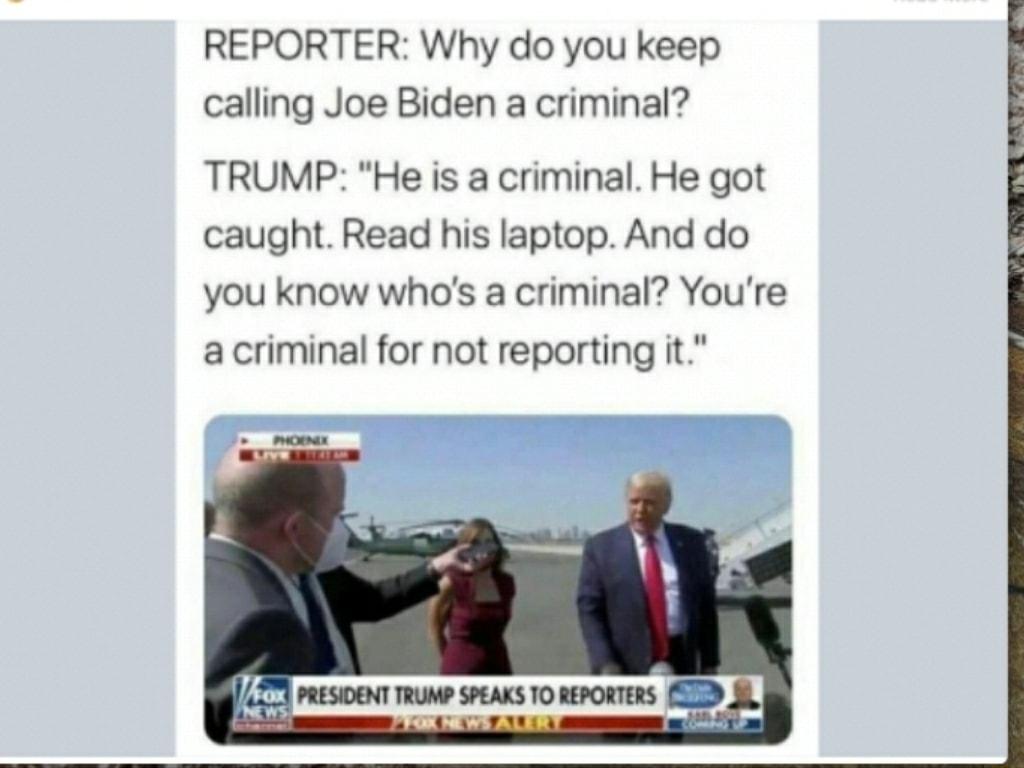 REPORTER Why do you keep calling Joe Biden a criminal TRUMP He is a criminal He got caught Read his laptop And do you know whas a criminal Youre a criminal for not reporting it