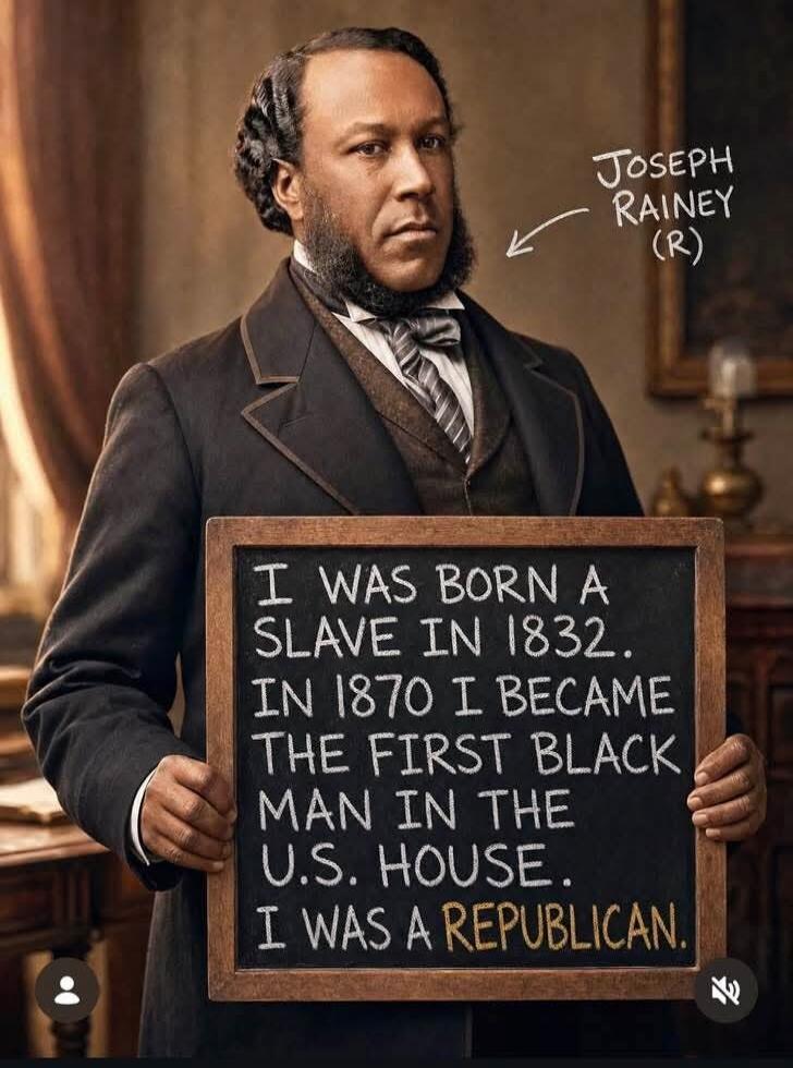 Joseph Rainey (R). I was born a slave in 1832. In 1870 I became the first Black man in the U.S. House. I was a Republican.
