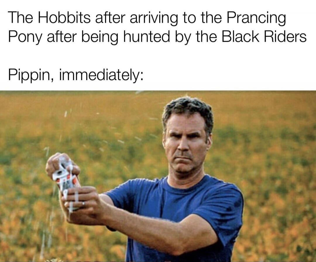 The Hobbits after arriving to the Prancing Pony after being hunted by the Black Riders
Pippin, immediately: