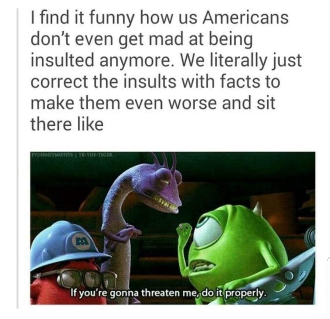 find it funny how us Americans dont even get mad at being insulted anymore We literally just correct the insults with facts to make them even worse and sit there like e 4otha thresten o rp